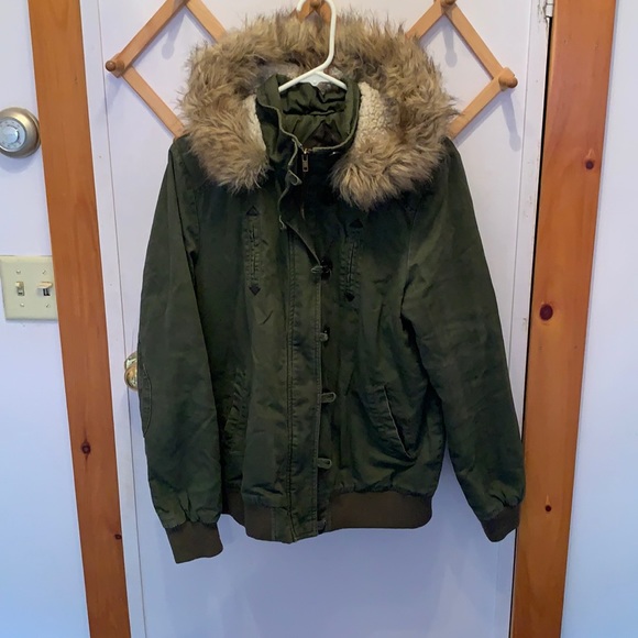 Jackets & Blazers - Army Green Coat with Faux Fur Hood